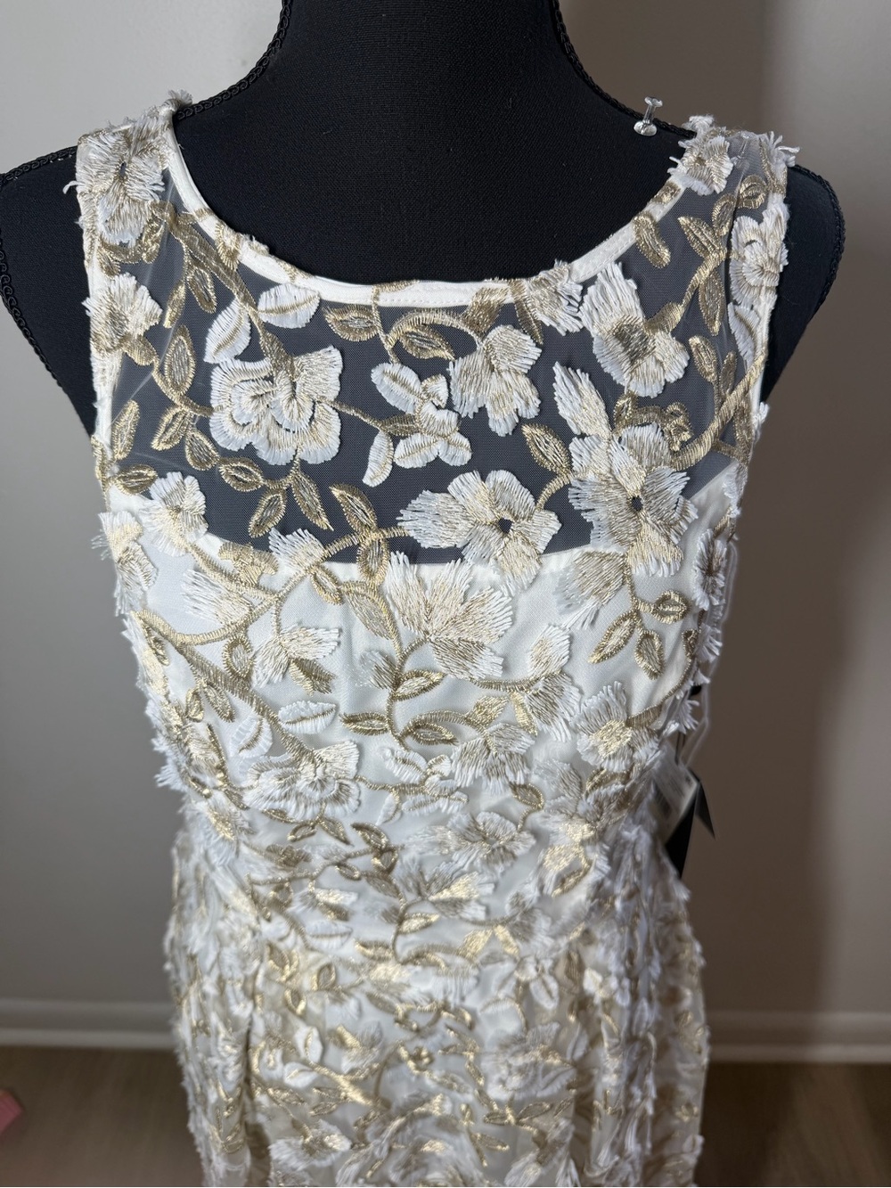 Adrianna Papell Ivory Midi Dress with Gold Floral Embroidery - Picture 6 of 10